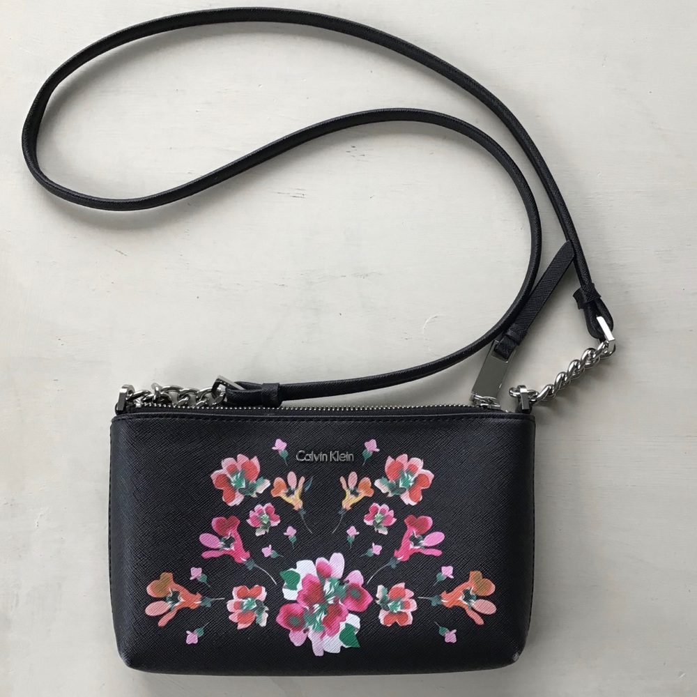 Calvin Klein cute black leather floral crossbody